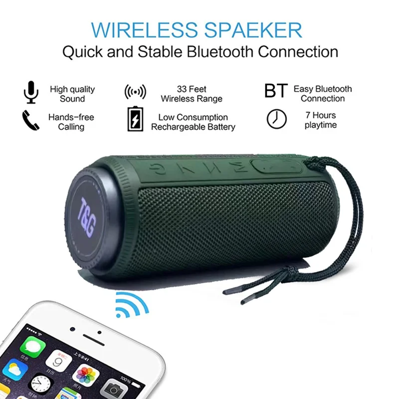 T&G TG332 Portable Speaker Waterproof High Power FM Speaker Box Plug and Play TF Card (CE) - Green