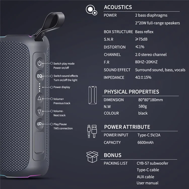 CYBORIS CYB-S7 RGB 40W Subwoofer IPX7 Waterproof TWS Bluetooth-compatible Speaker