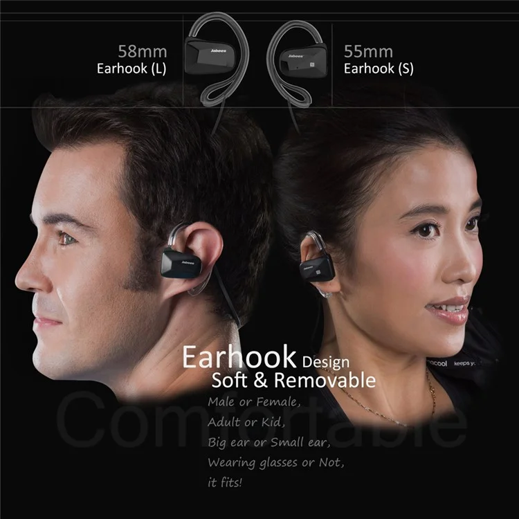 JABEES BSport Ear Hook Bluetooth 4.0 Stereo Headset IPX4 Waterproof Sports Earphone with NFC - Black