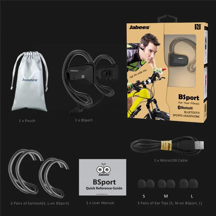 JABEES BSport Ear Hook Bluetooth 4.0 Stereo Headset IPX4 Waterproof Sports Earphone with NFC - Black