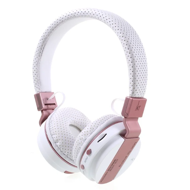 JKR-209B Folding Over-ear Wireless Bluetooth Headphone Headset with Mic Support FM/TF Card - White / Rose Gold Color