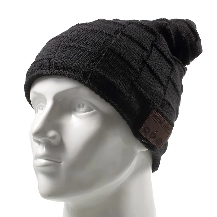 Grid Pattern Knitted Winter Warm Hat Built-in Wireless Bluetooth Headphone & Microphone - Black
