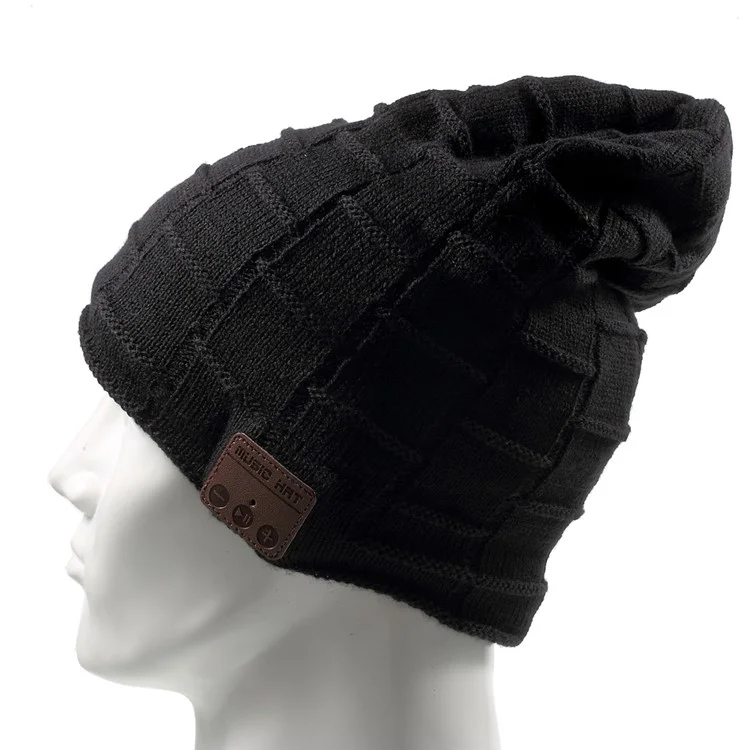 Grid Pattern Knitted Winter Warm Hat Built-in Wireless Bluetooth Headphone & Microphone - Black