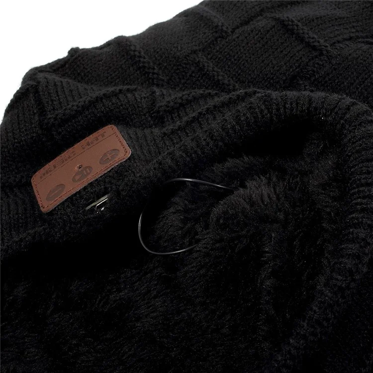 Grid Pattern Knitted Winter Warm Hat Built-in Wireless Bluetooth Headphone & Microphone - Black