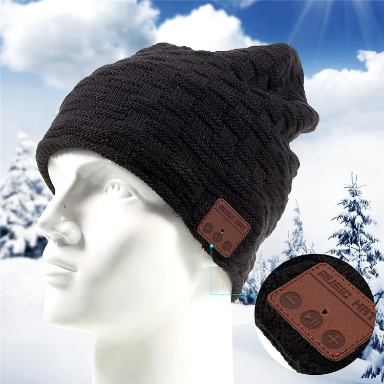 Grid Pattern Knitted Warm Long Music Hat Built-in Wireless Bluetooth Headphone & Microphone - Black
