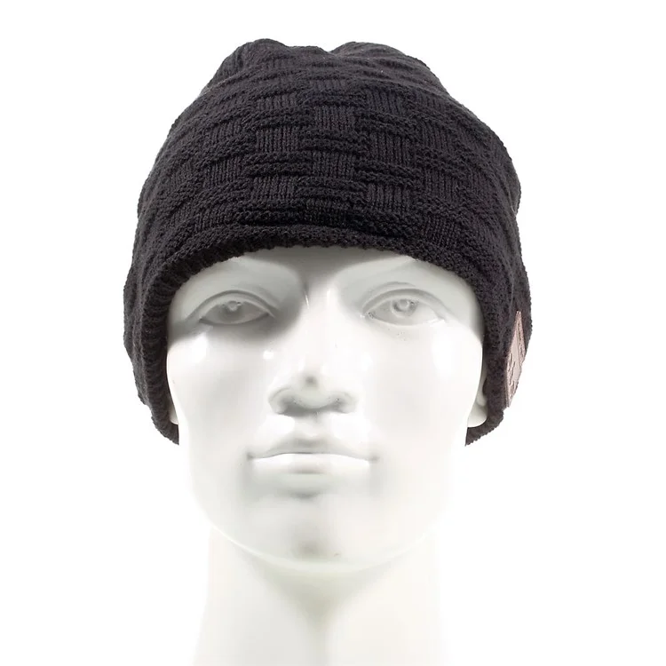 Grid Pattern Knitted Warm Long Music Hat Built-in Wireless Bluetooth Headphone & Microphone - Black