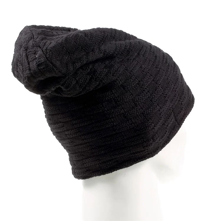 Grid Pattern Knitted Warm Long Music Hat Built-in Wireless Bluetooth Headphone & Microphone - Black