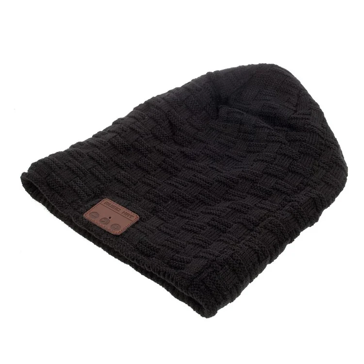Grid Pattern Knitted Warm Long Music Hat Built-in Wireless Bluetooth Headphone & Microphone - Black
