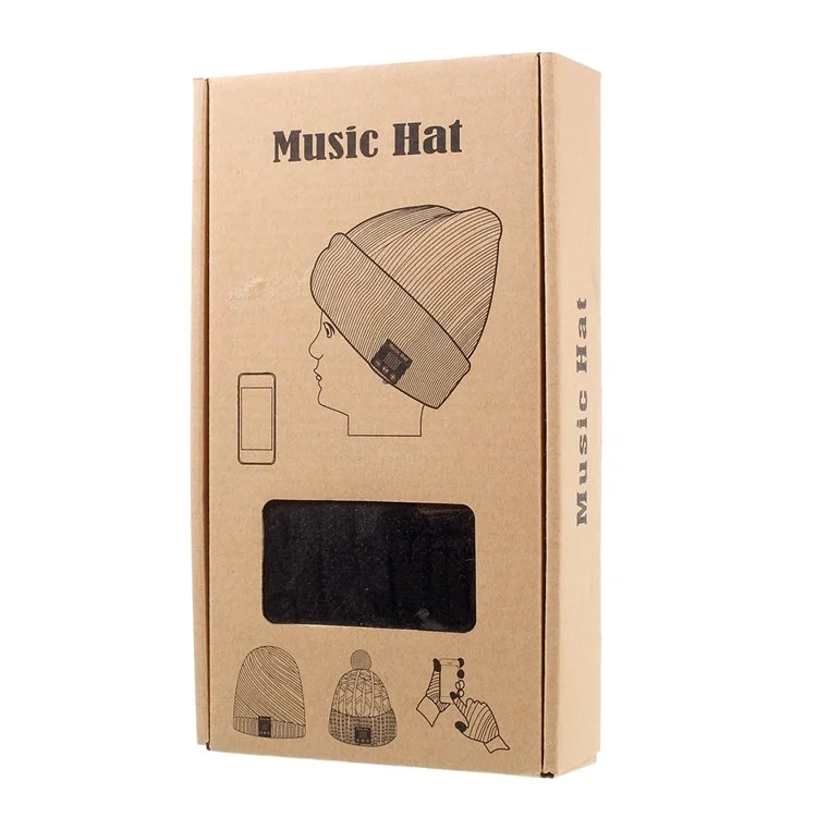 Grid Pattern Knitted Warm Long Music Hat Built-in Wireless Bluetooth Headphone & Microphone - Black