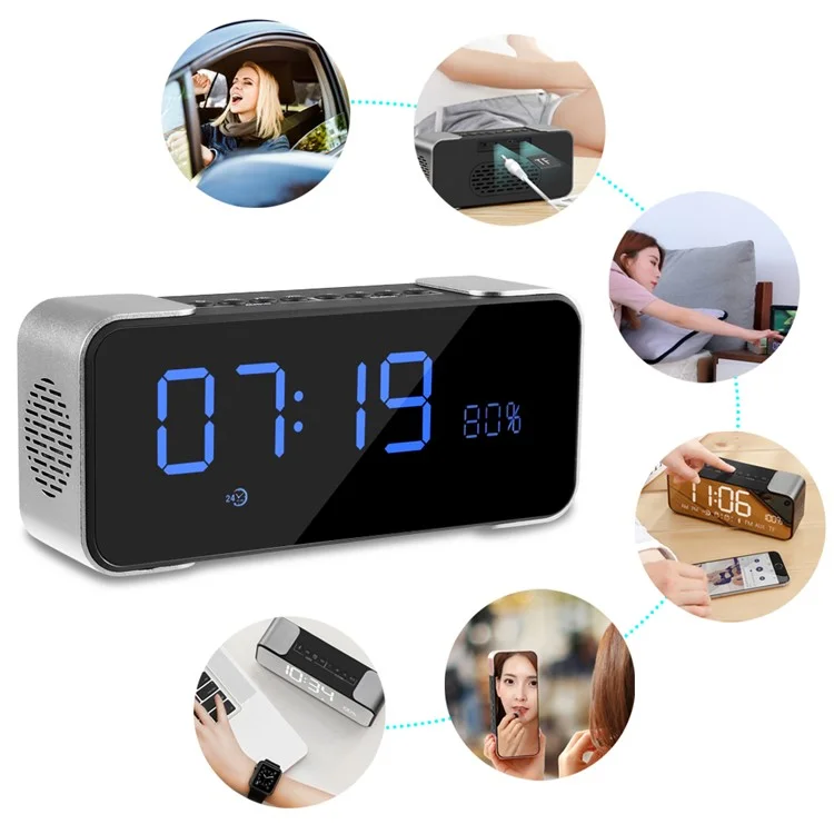 Metal Wireless Bluetooth 4.0 Speaker Large LED Display Clock, Support Aux-in/FM Radio/TF Card (PTH-305) - Silver Color