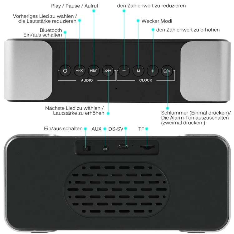 Metal Wireless Bluetooth 4.0 Speaker Large LED Display Clock, Support Aux-in/FM Radio/TF Card (PTH-305) - Silver Color