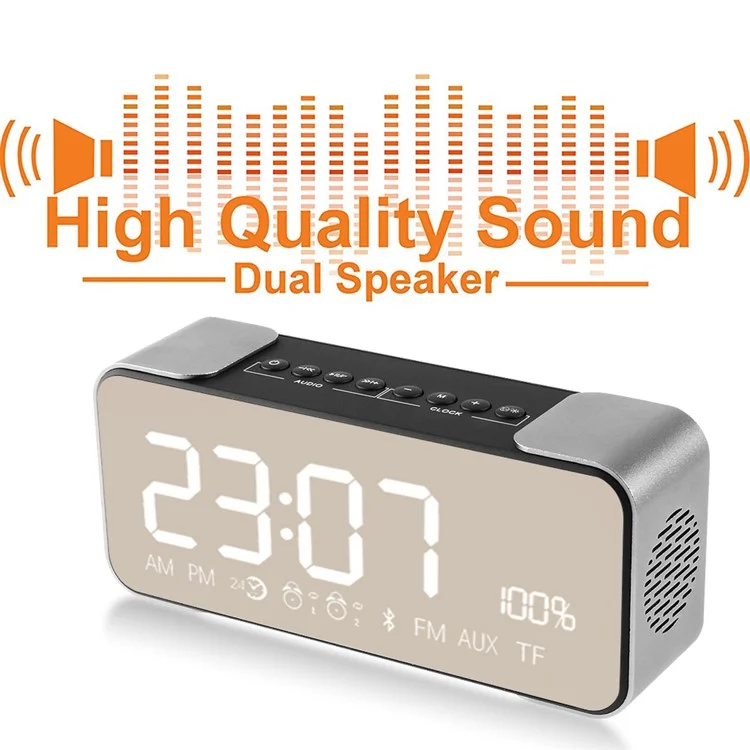 Metal Wireless Bluetooth 4.0 Speaker Large LED Display Clock, Support Aux-in/FM Radio/TF Card (PTH-305) - Silver Color