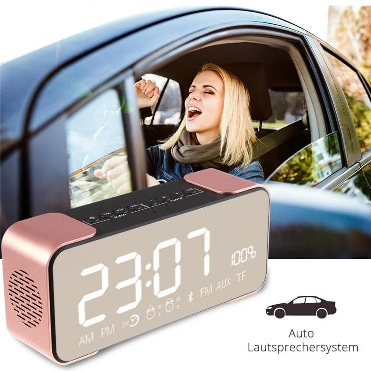 Digital LED Display Clock Metal Bluetooth 4.0 Speaker 2-in-1, Support Aux-in/FM Radio/TF Card (PTH-305) - Rose Gold Color