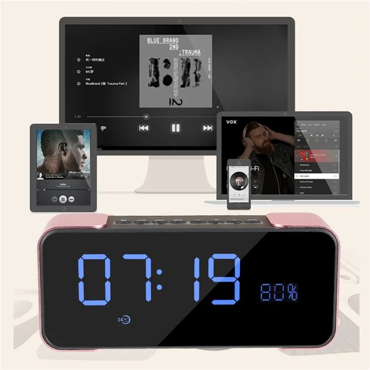 Digital LED Display Clock Metal Bluetooth 4.0 Speaker 2-in-1, Support Aux-in/FM Radio/TF Card (PTH-305) - Rose Gold Color
