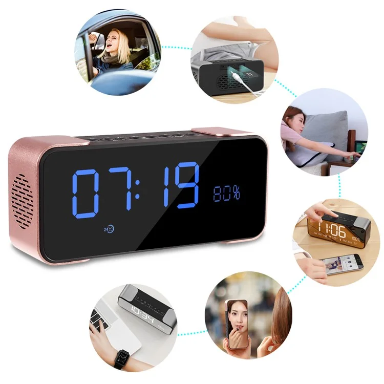 Digital LED Display Clock Metal Bluetooth 4.0 Speaker 2-in-1, Support Aux-in/FM Radio/TF Card (PTH-305) - Rose Gold Color