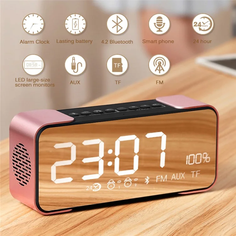 Digital LED Display Clock Metal Bluetooth 4.0 Speaker 2-in-1, Support Aux-in/FM Radio/TF Card (PTH-305) - Rose Gold Color