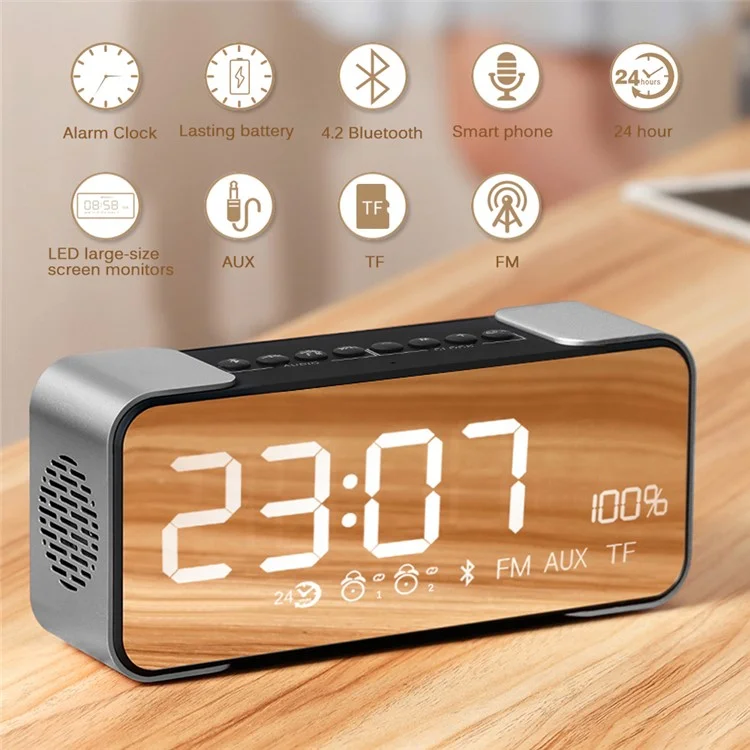 Digital LED Display Clock Metal Bluetooth 4.0 Speaker 2-in-1, Support Aux-in/FM Radio/TF Card (PTH-305) - Rose Gold Color