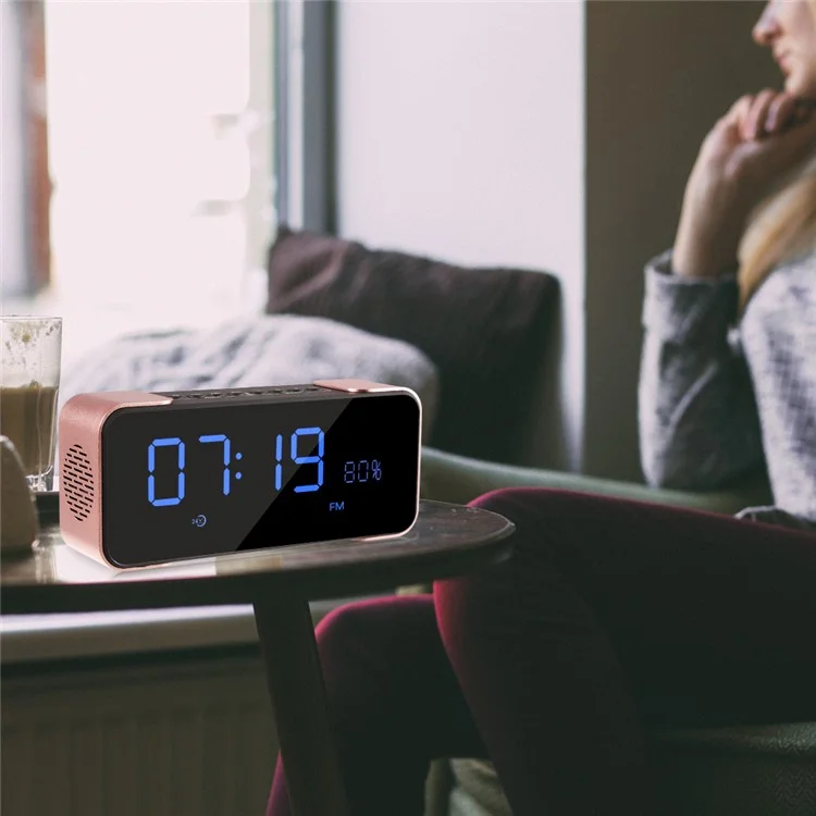 Digital LED Display Clock Metal Bluetooth 4.0 Speaker 2-in-1, Support Aux-in/FM Radio/TF Card (PTH-305) - Rose Gold Color