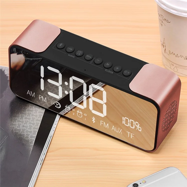 Digital LED Display Clock Metal Bluetooth 4.0 Speaker 2-in-1, Support Aux-in/FM Radio/TF Card (PTH-305) - Rose Gold Color