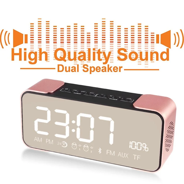 Digital LED Display Clock Metal Bluetooth 4.0 Speaker 2-in-1, Support Aux-in/FM Radio/TF Card (PTH-305) - Rose Gold Color