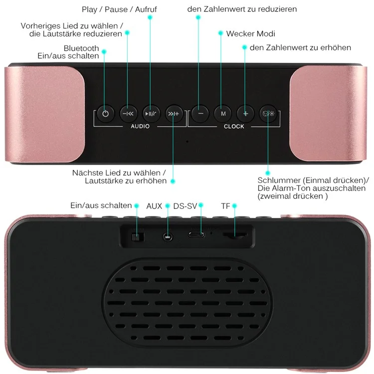 Digital LED Display Clock Metal Bluetooth 4.0 Speaker 2-in-1, Support Aux-in/FM Radio/TF Card (PTH-305) - Rose Gold Color