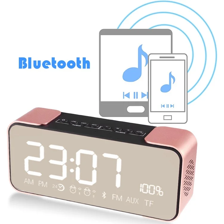 Digital LED Display Clock Metal Bluetooth 4.0 Speaker 2-in-1, Support Aux-in/FM Radio/TF Card (PTH-305) - Rose Gold Color