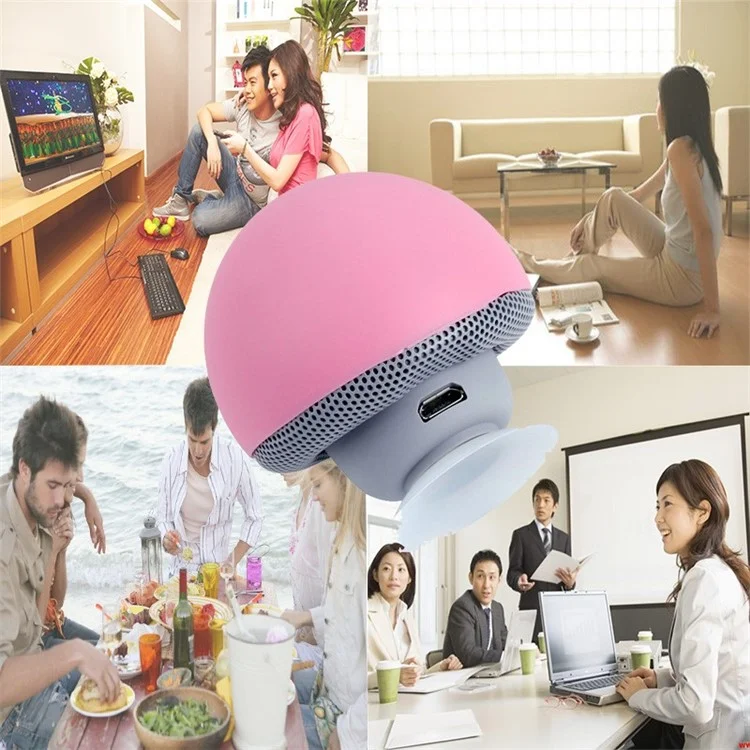 Mushroom Portable Bluetooth-compatible Wireless Stereo Speaker Mini Subwoofer with Suction Cup and Mic - Pink