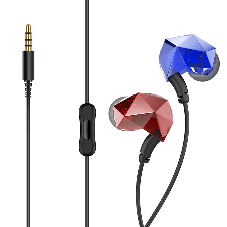 E6+ 3.5mm Universal Diamante Cutting In-Ear HiFi Sports Headphone with Mic for Samsung Note 8 - Blue + Red