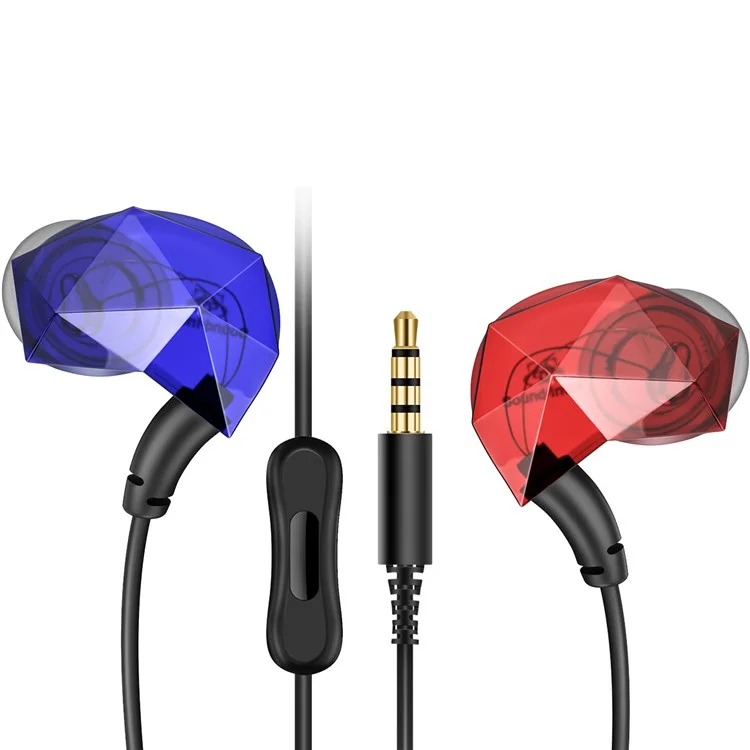 E6+ 3.5mm Universal Diamante Cutting In-Ear HiFi Sports Headphone with Mic for Samsung Note 8 - Blue + Red