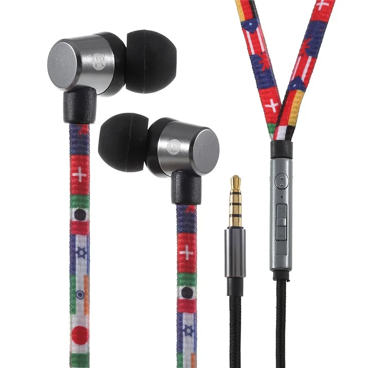 U25 Shoelace Style 3.5mm Plug Universal Mega Bass In-ear Earphone with Line-in Control - Flags