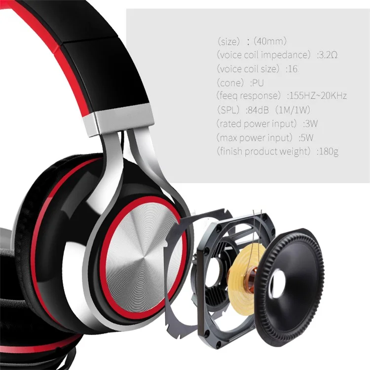 INGEL IP878 3.5mm Wired Foldable Stereo Headphone HiFi Super Bass Over-Head Headset with MIc - Black / Red