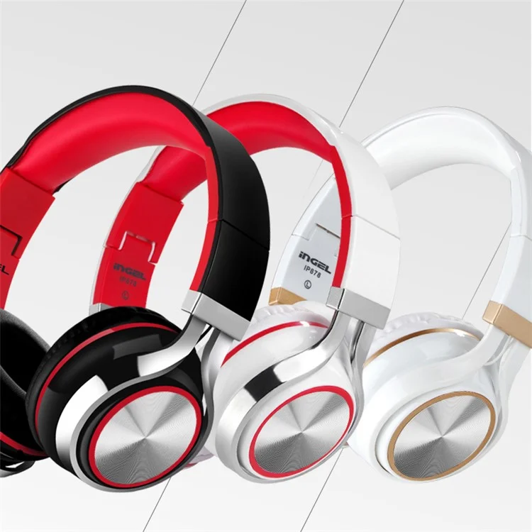 INGEL IP878 Folding 3.5mm Wired Headphone HiFi Super Bass Over-Head Headset with MIc - White / Gold