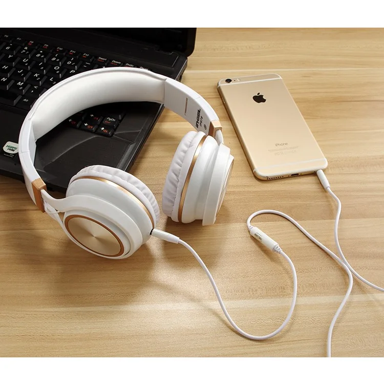 INGEL IP878 Folding 3.5mm Wired Headphone HiFi Super Bass Over-Head Headset with MIc - White / Gold
