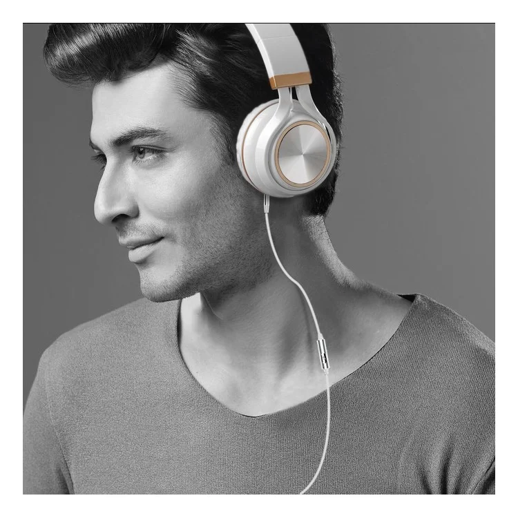 INGEL IP878 Folding 3.5mm Wired Headphone HiFi Super Bass Over-Head Headset with MIc - White / Gold