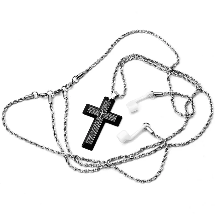 Anti-lost Necklace Accessory Strap for AirPods Wireless Earphone DIY Stainless Steel Cross Pendant Lord's Prayer Necklace