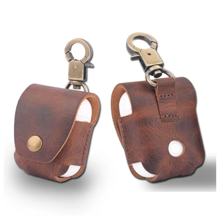 ISMILE Retro Style Genuine Leather Anti-lost Case Holder for Apple Airpods Charging Case with Carabiner