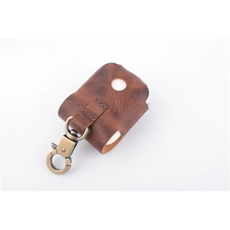 ISMILE Retro Style Genuine Leather Anti-lost Case Holder for Apple Airpods Charging Case with Carabiner