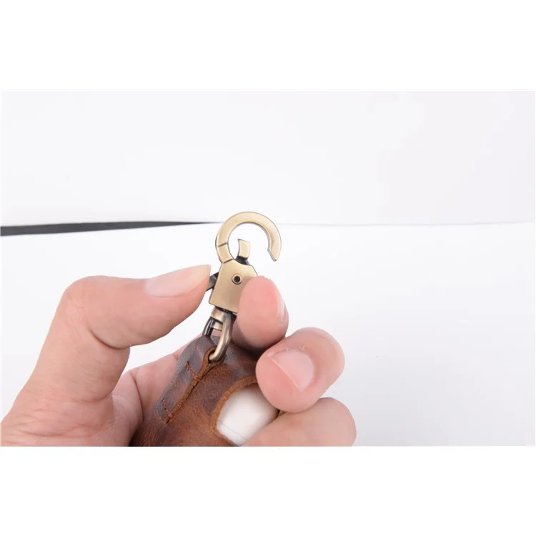 ISMILE Retro Style Genuine Leather Anti-lost Case Holder for Apple Airpods Charging Case with Carabiner