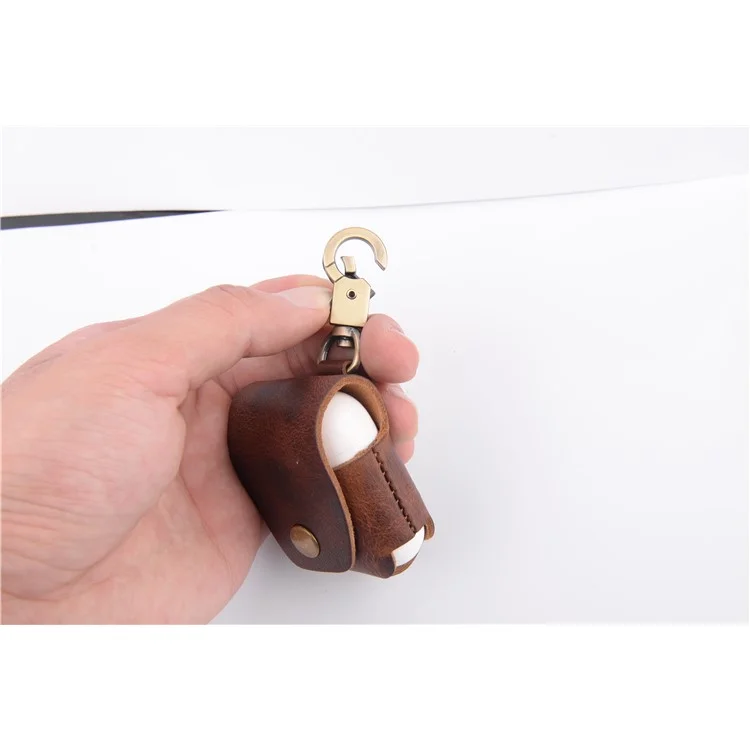 ISMILE Retro Style Genuine Leather Anti-lost Case Holder for Apple Airpods Charging Case with Carabiner
