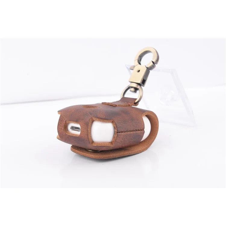 ISMILE Retro Style Genuine Leather Anti-lost Case Holder for Apple Airpods Charging Case with Carabiner