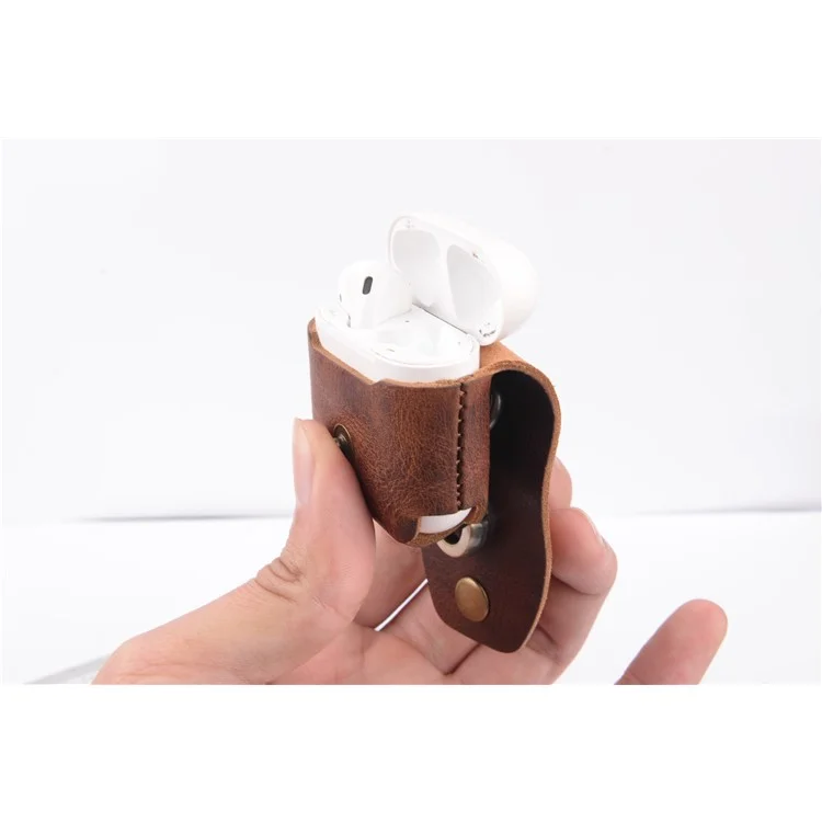 ISMILE Retro Style Genuine Leather Anti-lost Case Holder for Apple Airpods Charging Case with Carabiner