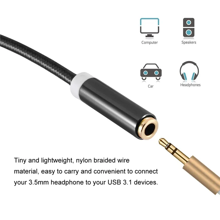 HAT PRINCE Adaptador de Áudio USB Type-C para 3,5mm para MacBook 12 polegadas /Huawei P9 Plus - Preto