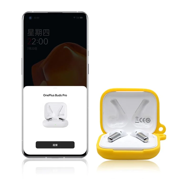 Funda Protectora De La Cubierta De Silicona Suave Del Auricular De Bluetooth Con Hebilla Colgante Para OnePlus Buds Pro - Amarillo