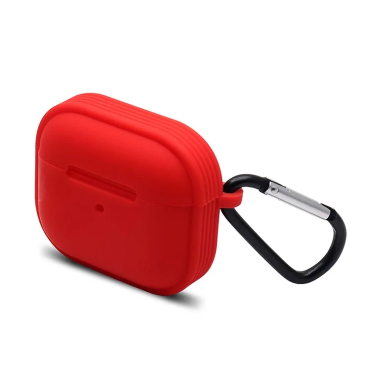 Strips Hemming Bluetooth-compatible Earphone Charging Box Silicone Protective Case Cover with Carabiner for Apple AirPods 3 - Red