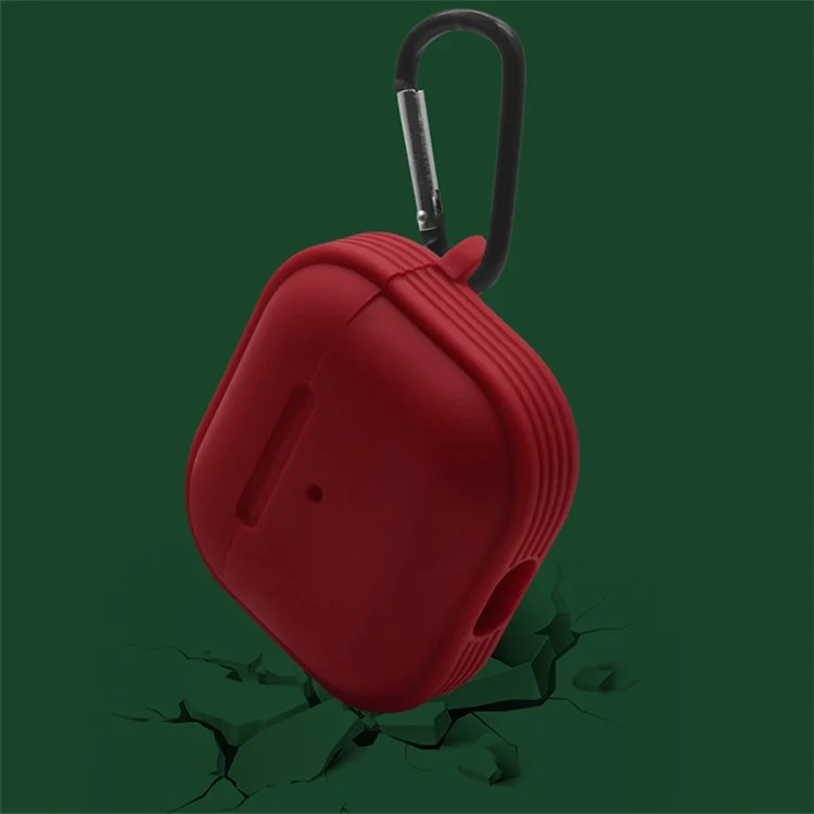 Strips Hemming Bluetooth-compatible Earphone Charging Box Silicone Protective Case Cover with Carabiner for Apple AirPods 3 - Red