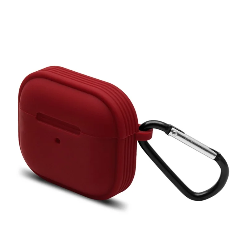 Strips Hemming Bluetooth-compatible Earphone Charging Box Silicone Protective Case Cover with Carabiner for Apple AirPods 3 - Wine Red