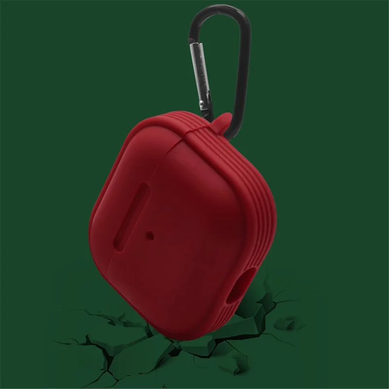 Strips Hemming Bluetooth-compatible Earphone Charging Box Silicone Protective Case Cover with Carabiner for Apple AirPods 3 - Wine Red