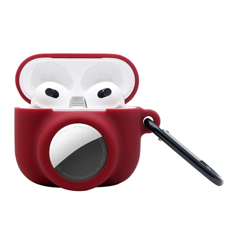 2-in-1 Weiche Silikonhülle Kratzfester Schutzüberzug für AirPods 3/AirTag - Weinrot