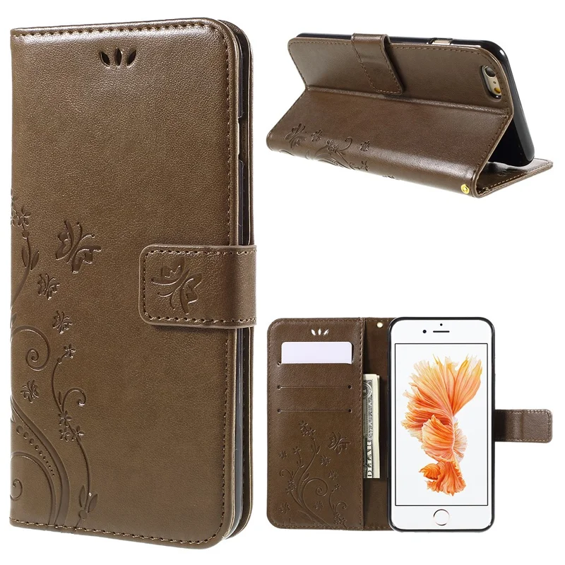 Butterfly Leather Wallet Stand Case for iPhone 6s Plus 6 Plus - Coffee