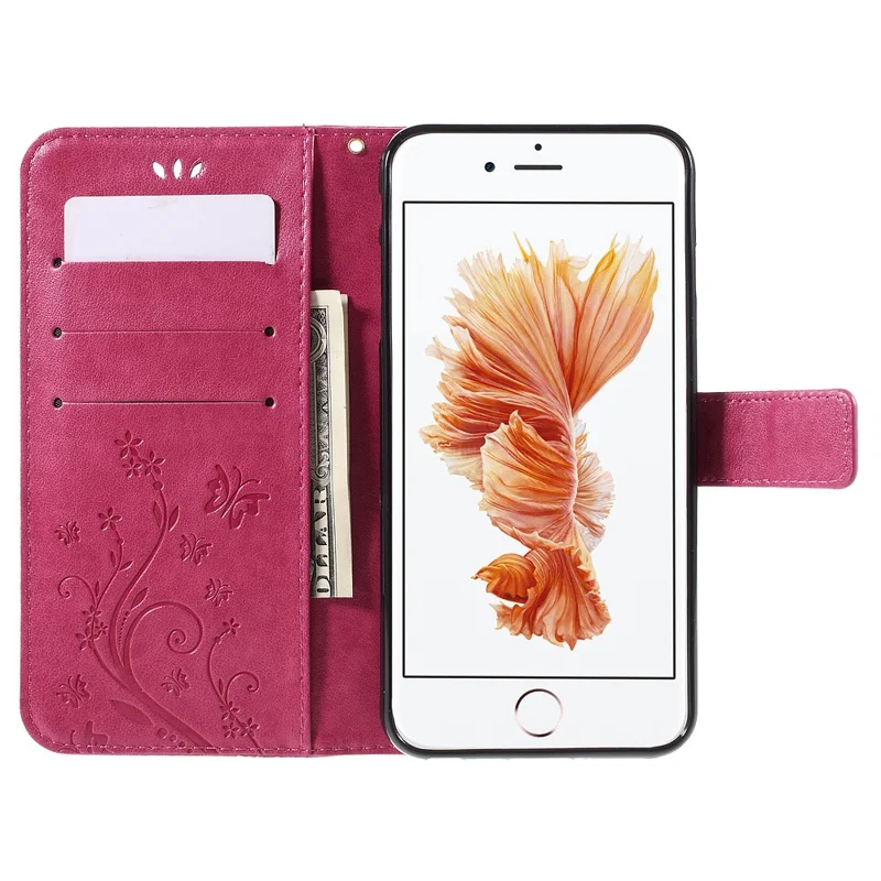 Butterfly Leather Wallet Stand Shell for iPhone 6s 6 4.7 inch with Reversed Magnetic Clasp - Rose